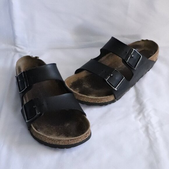 Birkenstock Birko-Flor Arizona Unisex Brown/Black Leather Buckle Slip On Sandals - Picture 1 of 9